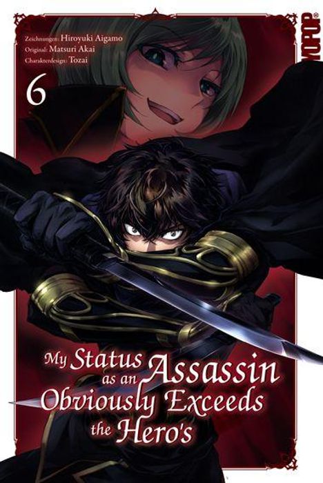 "My Status as an Assassin Obviously Exceeds the Hero's." Illustration mit kämpferischem Helden im Vordergrund, Frau im Hintergrund.