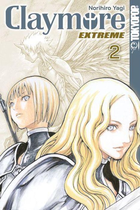 „Claymore EXTREME 2“ steht im Vordergrund. Zwei Figuren mit Rüstungen und Waffen. Eine dritte Gestalt im Hintergrund. Manga-Stil.