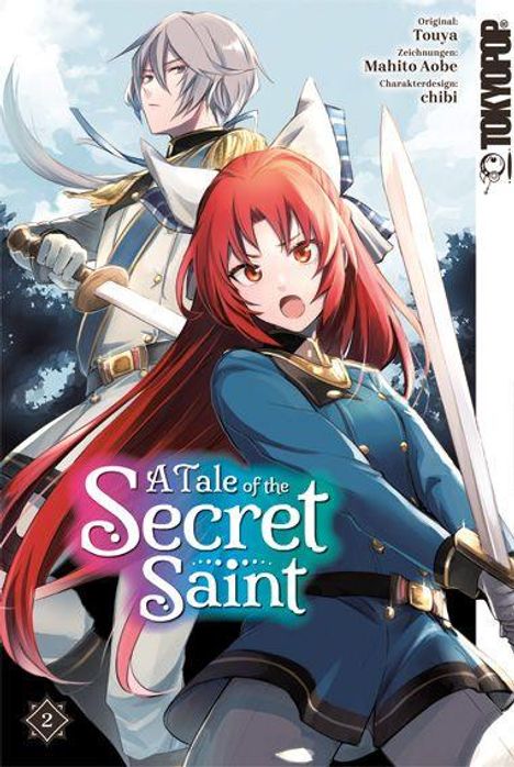 „A Tale of the Secret Saint“: Zwei Figuren in Rüstung, eine mit roten Haaren, in dynamischer Pose; Manga-Stil.