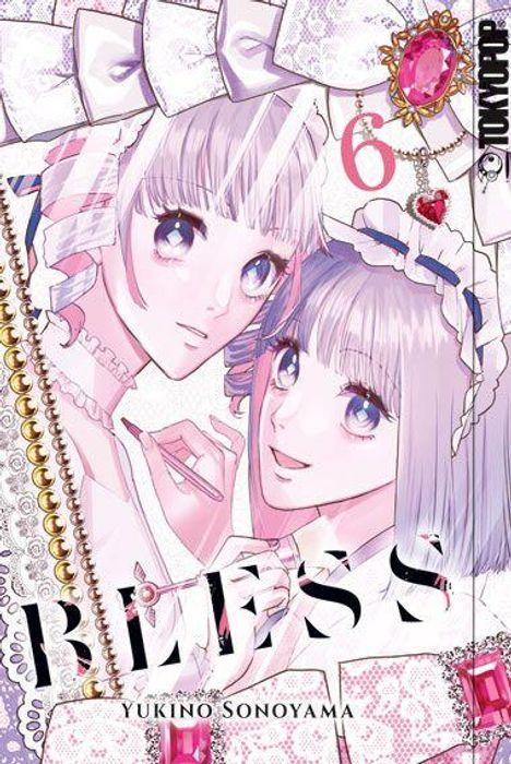 „BLESS“ ist ein Manga von Yukino Sonoyama. Zwei Mädchen mit Make-up und Schmuck in einem verspielten, femininen Stil.