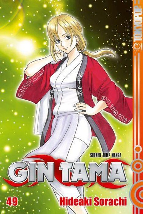 „GIN TAMA“ von Hideaki Sorachi. Illustration einer Person in weiß-roter Kleidung vor grün leuchtendem Hintergrund.