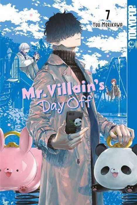 "Mr. Villain's Day Off" von Yuu Morikawa. Ein Mann in Mantel mit Smartphone, rosa und panda Sparschwein im Vordergrund.