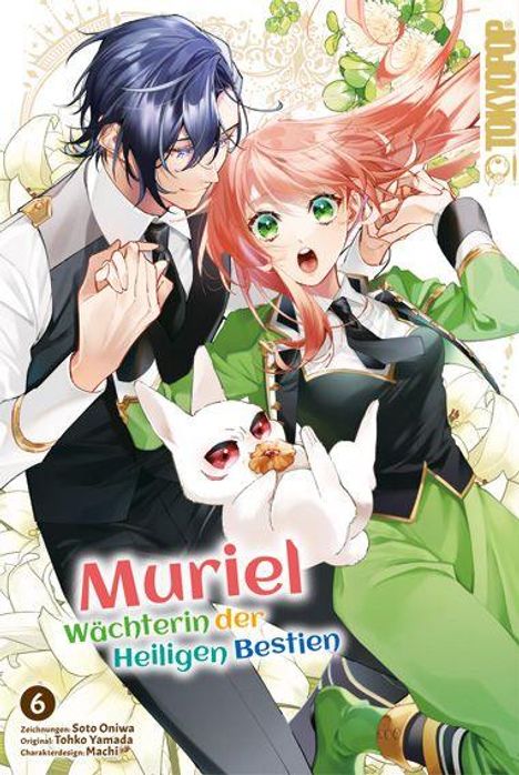 "Muriel Wächterin der Heiligen Bestien" in roter und grüner Schrift. Zwei Anime-Charaktere mit lebendigen Haarfarben und ein weißes Tier.