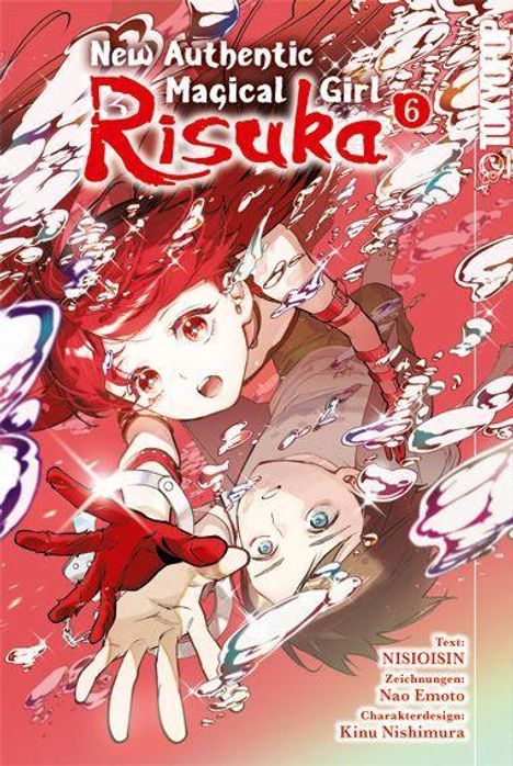 "New Authentic Magical Girl Risuka 6" steht oben, ein Mädchen mit rotem Haar greift nach einem Jungen, beide im Wasser.