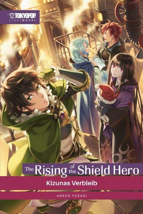 "The Rising of the Shield Hero: Kizunas Verbleib" von Aneko Yusagi, zeigt vier Animefiguren in einer lebhaften Fantasyszene.