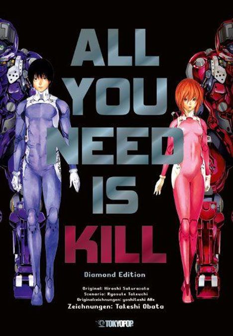 ALL YOU NEED IS KILL. Zwei Figuren in blauen und roten futuristischen Rüstungen.