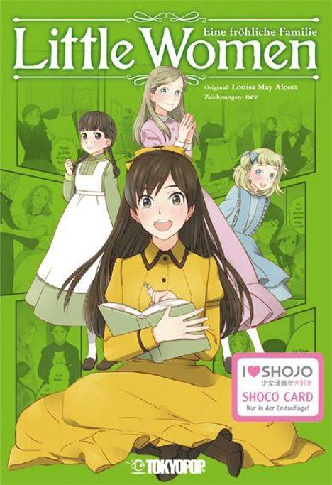 "Little Women: Eine fröhliche Familie." Manga-Stil mit vier fröhlichen Mädchen in verschiedenen Posen und Kleidern.