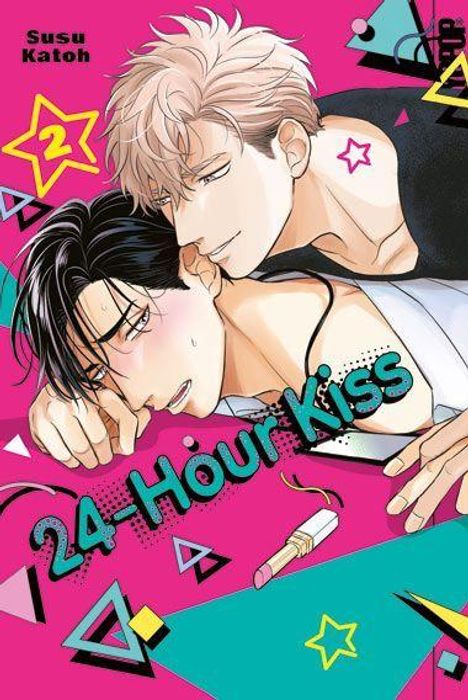 „24 Hour Kiss“, „2“, „Susu Katoh“. Zwei Männer in einer intimen Umarmung, bunte geometrische Formen im Hintergrund.