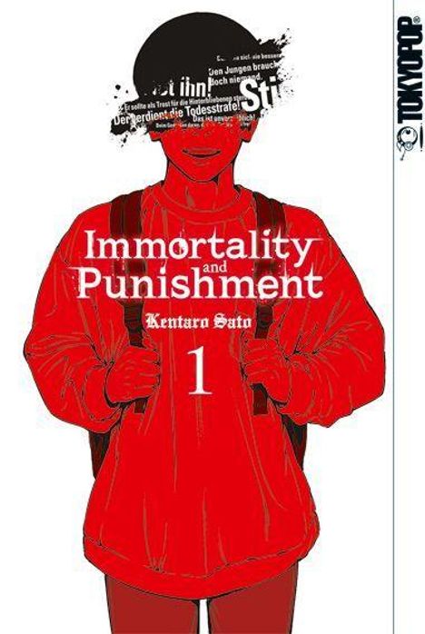 Titel: "Immortality and Punishment" von Kentaro Sato. Eine Illustration zeigt eine Person in roter Kleidung mit einem Rucksack.