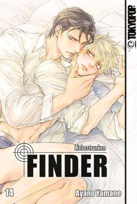 „Finder“, „Liebestrunken“, „Ayano Yamane“, „Tokyopop“, „14“. Zwei Männer liegen eng umschlungen auf einem Bett.
