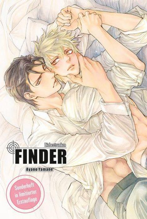 Text: "Finder", "Liebesstunken", "Ayano Yamane", "Sonderheft in limitierter Erstauflage". Zwei Personen liegen eng umschlungen auf einem Bett.