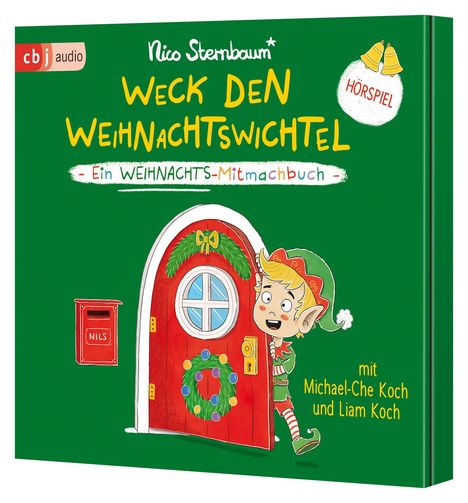"Weck den Weihnachtswichtel" - Ein Weihnachts-Mitmachbuch. Illustration: Ein kleiner Elf vor einer roten Tür mit Kranz.