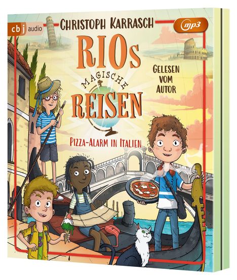 "Rios magische Reisen: Pizza-Alarm in Italien" von Christoph Karrasch, Illustration: Kinder in Venedig mit Pizza.