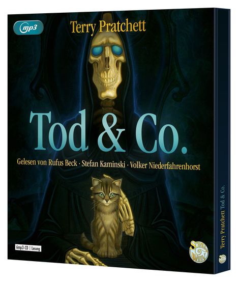"Tod & Co. Gelesen von Rufus Beck, Stefan Kaminski, Volker Niederfahrenhorst." Ein Skelett mit Kapuze hält eine Katze.