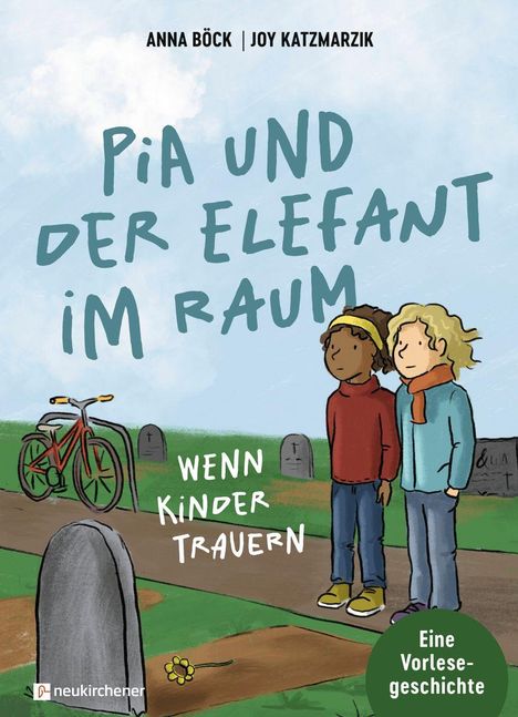 Titel: "Pia und der Elefant im Raum". Zwei Kinder stehen auf einem Friedhof, ein Grabstein und ein Fahrrad sind sichtbar.