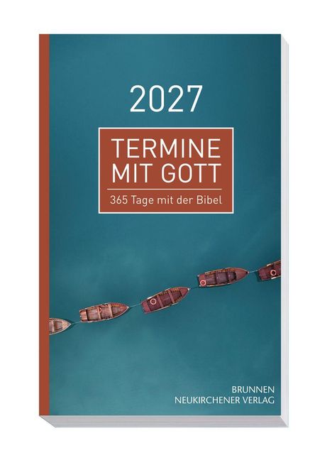 2027 Termine mit Gott. 365 Tage mit der Bibel. Foto von Booten auf türkisfarbenem Wasser, verbunden durch ein Seil.