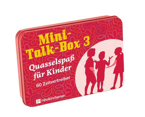 "Mini-Talk-Box 3: Quasselspaß für Kinder. 60 Zeitvertreiber." Drei Kinder als Silhouetten auf rotem Hintergrund.