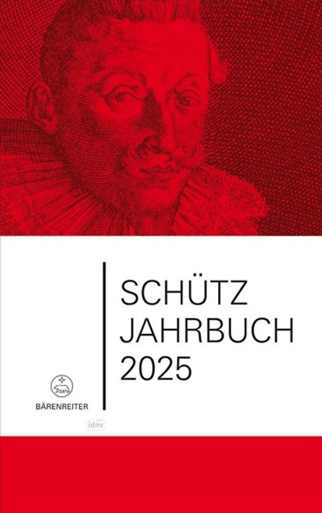"Schütz Jahrbuch 2025" in schwarzem Text, darunter ein Bärenreiter-Logo. Roter Hintergrund mit altem Porträt.