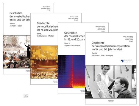 „Geschichte der musikalischen Interpretation im 19. und 20. Jahrhundert“ mit verschiedenen Bänden und Bildern.