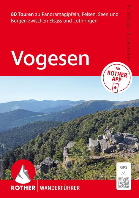 "60 Touren zu Panoramagipfeln... Vogesen. Mit ROTHER APP." Darunter eine Berglandschaft mit Wanderern. Logo: ROTHERM WANDERFÜHRER.