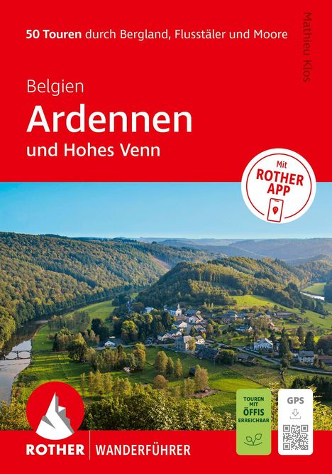 50 Touren durch Bergland, Belgien Ardennen, Mit ROTHER APP. Foto: Grüne Hügel, Dorf und Fluss. ROTHER Wanderführer-Logo.