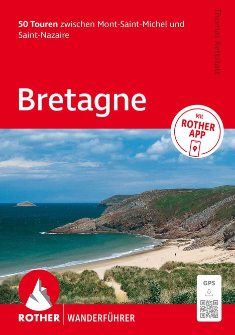 "50 Touren zwischen Mont-Saint-Michel und Saint-Nazaire. Bretagne. Mit ROTHER APP. Küste mit Strand und Klippen, blauer Himmel."