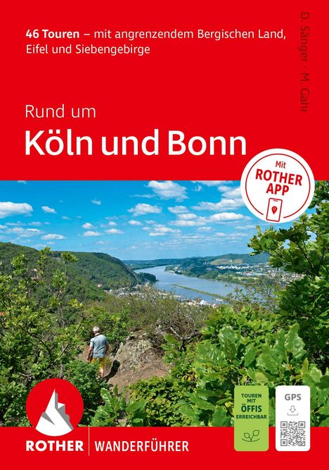 Titel: "46 Touren – mit angrenzendem Bergischen Land, Eifel und Siebengebirge." 

Person wandert, Fluss und Berge im Hintergrund.