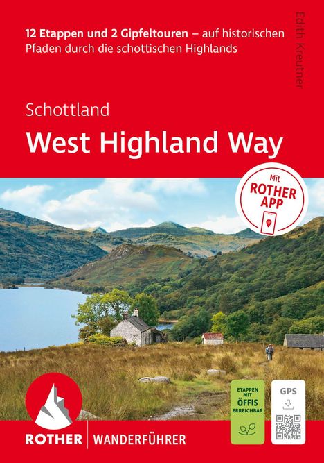 Text oben: "12 Etappen und 2 Gipfeltouren…", "Schottland West Highland Way".   
Unten: Landschaft mit See, Haus, Wanderweg.