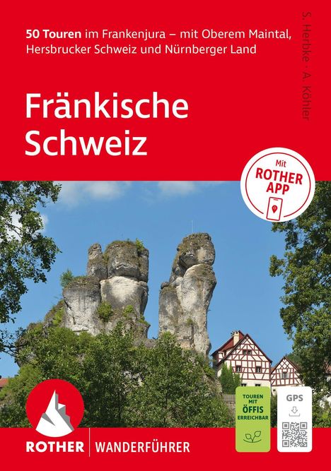 "50 Touren im Frankenjura", "Fränkische Schweiz", "ROTHER Wanderführer". Felsenlandschaft, Fachwerkhäuser, blauer Himmel.