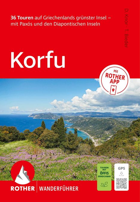 "Korfu. 36 Touren auf Griechenlands grünster Insel – mit Paxós und den Diapontischen Inseln." Küstenlandschaft, rotes Design.