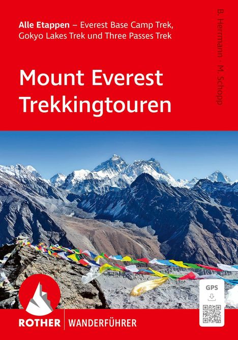 Alle Etappen – Everest Base Camp Trek. „Mount Everest Trekkingtouren“ steht auf rotem Hintergrund. Bergpanorama mit Gebetsfahnen.