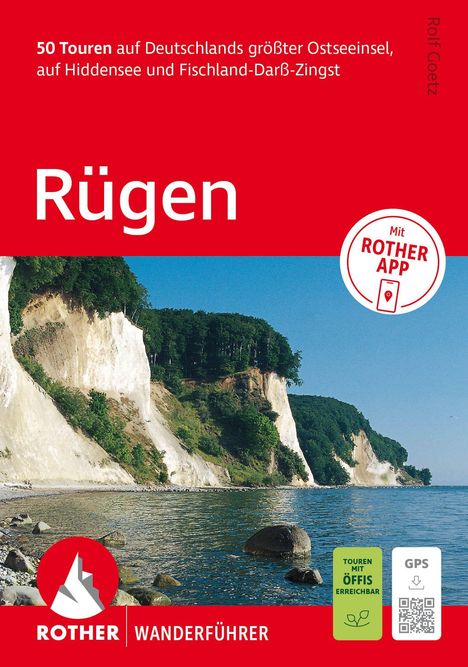 Text oben: "50 Touren auf Deutschlands größter Ostseeinsel." Mittig: "Rügen." Unten: Kreidefelsen am Meer, blauer Himmel.