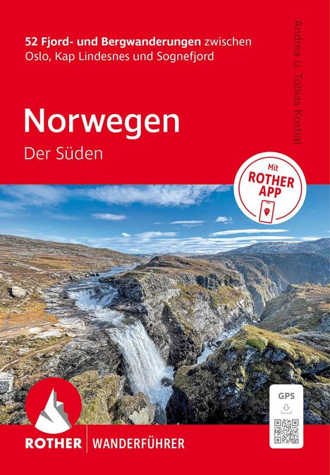 52 Fjord- und Bergwanderungen, Norwegen: Der Süden. ROTHER Wanderführer. Foto: Wasserfall in bergiger Landschaft.