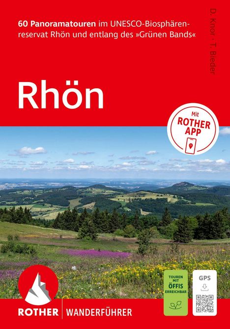 "60 Panoramatouren... Rhön." "Mit ROTHER APP." Naturpanorama mit Hügeln, Wiesen, Wald. ROTHER Wanderführer Logo.
