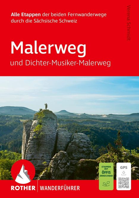 "Alle Etappen der beiden Fernwanderwege durch die Sächsische Schweiz" steht oben. Darunter Felsenlandschaft.
