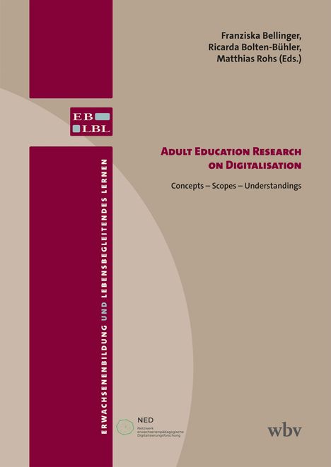 Titel: "Adult Education Research on Digitalisation: Concepts – Scopes – Understandings". Braun-rote grafische Elemente.