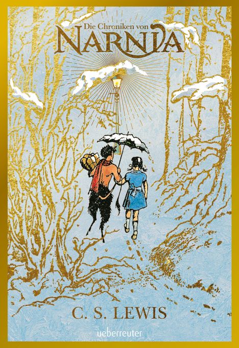"Die Chroniken von Narnia", C. S. Lewis, Ueberreuter. Illustration: Kind und Faun unter einem Schirm im verschneiten Wald.