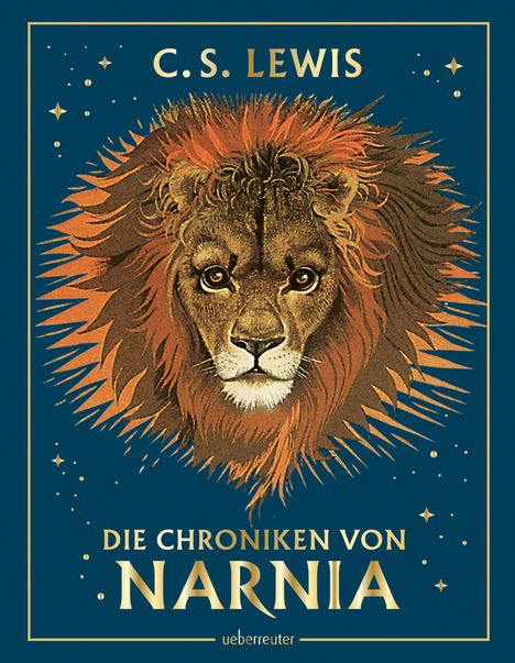 "C.S. Lewis", "Die Chroniken von Narnia", "ueberreuter". Illustration eines Löwenkopfes auf dunkelblauem Hintergrund.