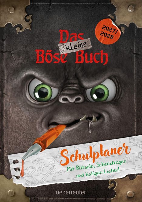 „Das kleine Böse Buch“, „2027/2028“, „Schulplaner“, „Mit Rätseln, Scherzfragen und listigen Listen!“, gruseliges Gesicht.