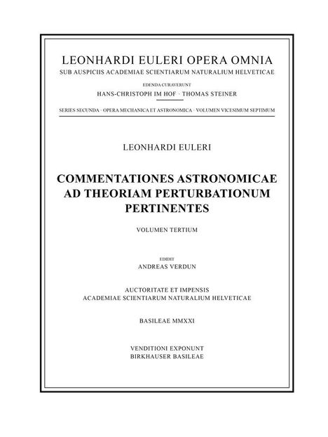 Leonhard Euler: Commentationes astronomicae ad theoriam perturbationum pertinentes 3rd part, Buch