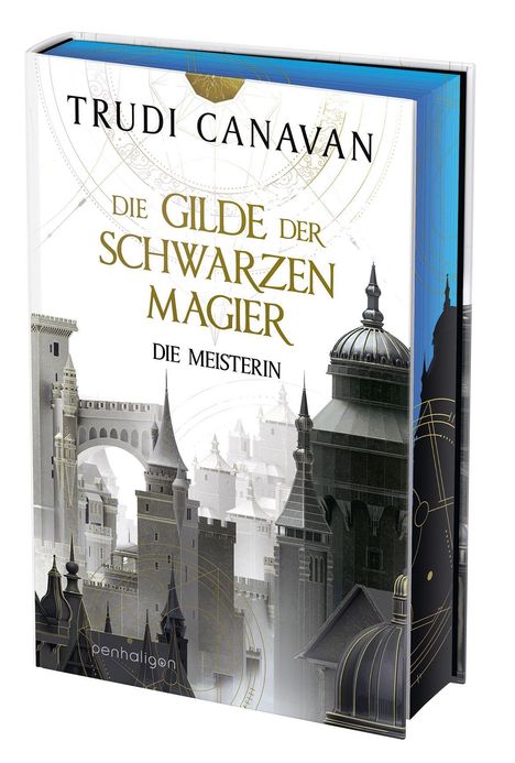 "TRUDI CANAVAN, DIE GILDE DER SCHWARZEN MAGIER, DIE MEISTERIN. Silhouette von Türmen und Kuppeln, mystische Atmosphäre."