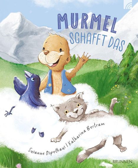 "Murmel schafft das" in blauer Schrift. Illustration eines Murmeltiers mit Rabe und Katze vor einer Berglandschaft.