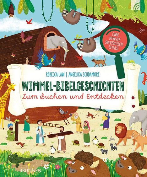 „Wimmel-Bibelgeschichten: Zum Suchen und Entdecken“. Tiere und Menschen um eine Arche, bunte Natur, fröhliche Stimmung.