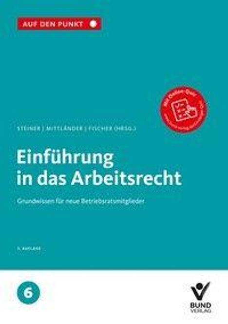 "Einführung in das Arbeitsrecht" in Großbuchstaben auf einem türkisfarbenen Hintergrund. Ein rotes Logo ist oben rechts.