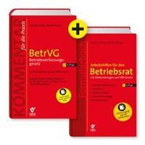 Text: "BetrVG Betriebsverfassungsgesetz" und "Arbeitshilfen für den Betriebsrat". Zwei rote Bücher mit "+"-Zeichen.