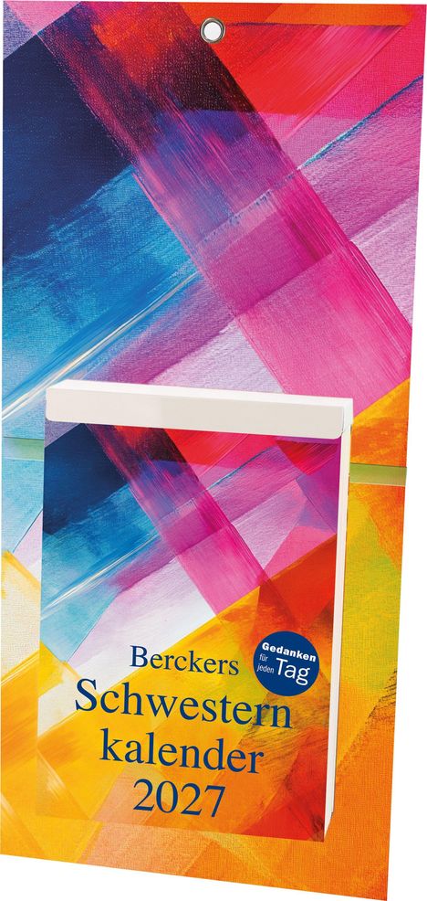 Berckers Schwesterkalender 2027, Gedanken für jeden Tag. Bunte Pinselstriche in Blau, Pink, Rot und Gelb.