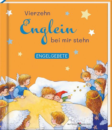 "Vierzehn Englein bei mir stehn" und "ENGELGEBETE" auf orangefarbenem Hintergrund mit Engeln, die ein Kind bewachen.