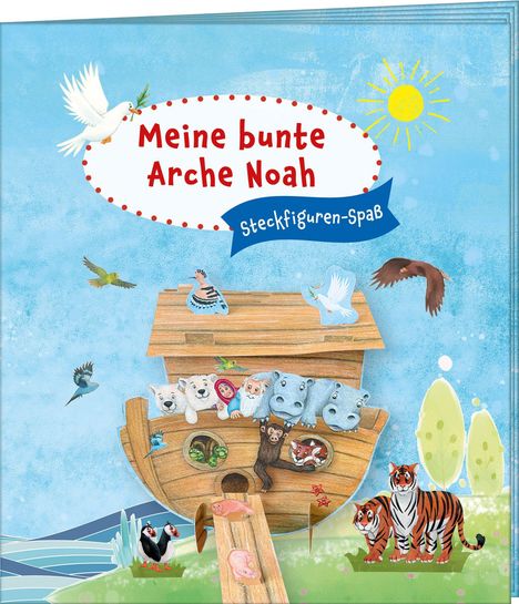 "Meine bunte Arche Noah" und "Steckfiguren-Spaß". Illustration einer Arche mit Tieren und einem strahlenden Himmel.