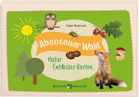 "Abenteuer Wald: Natur-Entdecker-Karten" von Peter Butenuth. Illustration mit Eule, Fuchs, Sonne und Waldszene.