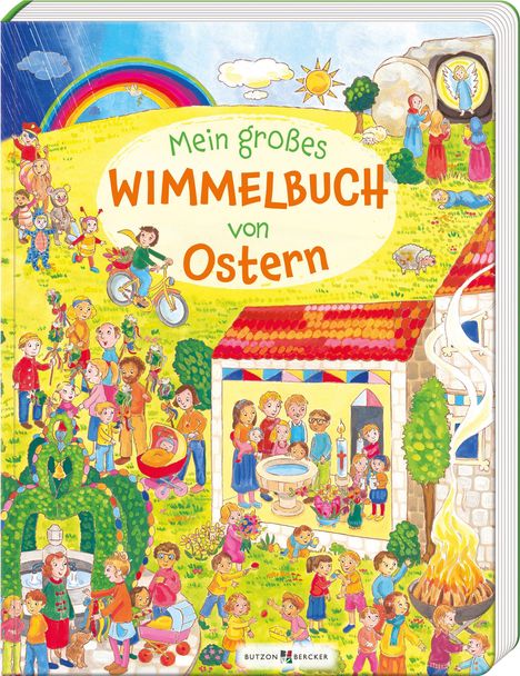 Illustration eines belebten Oster-Szenarios: Kinder spielen, Erwachsene spazieren, bunte Dekorationen und ein Regenbogen.